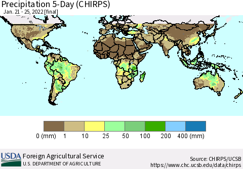 World Precipitation 5-Day (CHIRPS) Thematic Map For 1/21/2022 - 1/25/2022