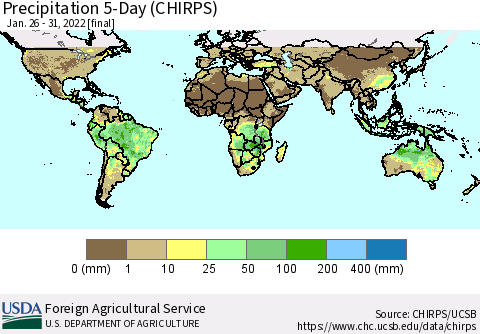 World Precipitation 5-Day (CHIRPS) Thematic Map For 1/26/2022 - 1/31/2022