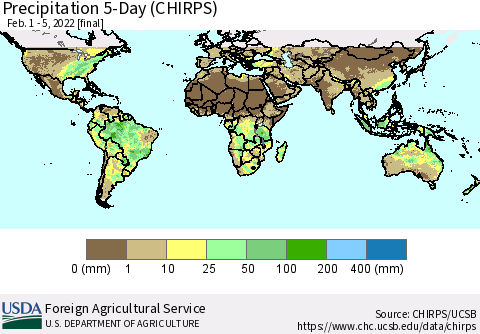 World Precipitation 5-Day (CHIRPS) Thematic Map For 2/1/2022 - 2/5/2022
