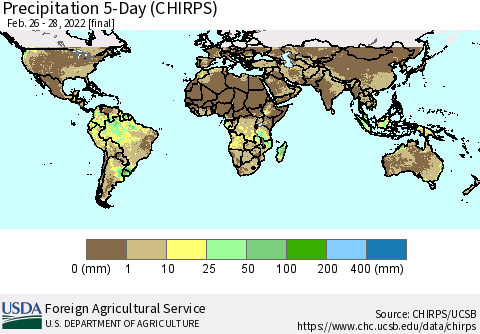 World Precipitation 5-Day (CHIRPS) Thematic Map For 2/26/2022 - 2/28/2022