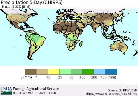 World Precipitation 5-Day (CHIRPS) Thematic Map For 3/1/2022 - 3/5/2022