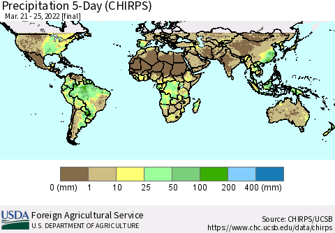 World Precipitation 5-Day (CHIRPS) Thematic Map For 3/21/2022 - 3/25/2022