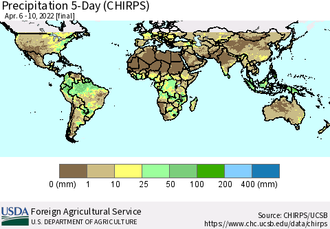 World Precipitation 5-Day (CHIRPS) Thematic Map For 4/6/2022 - 4/10/2022