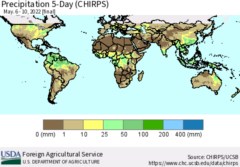 World Precipitation 5-Day (CHIRPS) Thematic Map For 5/6/2022 - 5/10/2022