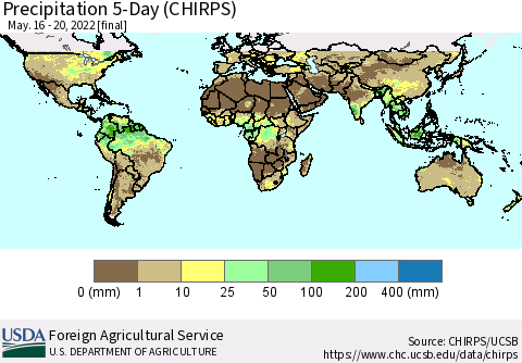 World Precipitation 5-Day (CHIRPS) Thematic Map For 5/16/2022 - 5/20/2022