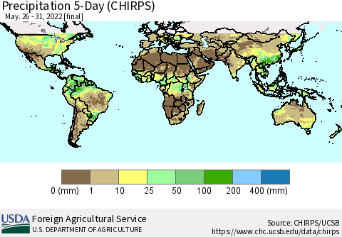 World Precipitation 5-Day (CHIRPS) Thematic Map For 5/26/2022 - 5/31/2022