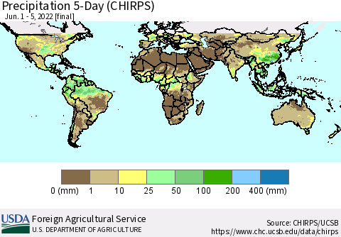 World Precipitation 5-Day (CHIRPS) Thematic Map For 6/1/2022 - 6/5/2022