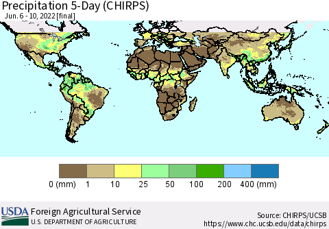 World Precipitation 5-Day (CHIRPS) Thematic Map For 6/6/2022 - 6/10/2022