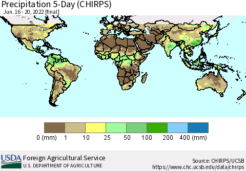 World Precipitation 5-Day (CHIRPS) Thematic Map For 6/16/2022 - 6/20/2022