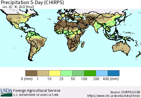 World Precipitation 5-Day (CHIRPS) Thematic Map For 6/26/2022 - 6/30/2022