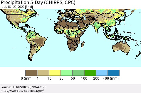 World Precipitation 5-Day (CHIRPS) Thematic Map For 7/16/2022 - 7/20/2022