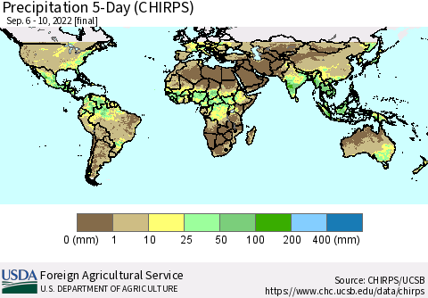 World Precipitation 5-Day (CHIRPS) Thematic Map For 9/6/2022 - 9/10/2022