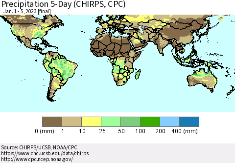 World Precipitation 5-Day (CHIRPS) Thematic Map For 1/1/2023 - 1/5/2023