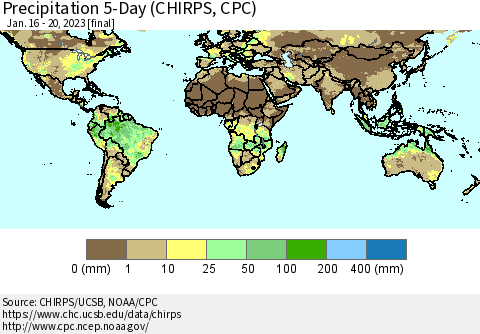 World Precipitation 5-Day (CHIRPS) Thematic Map For 1/16/2023 - 1/20/2023