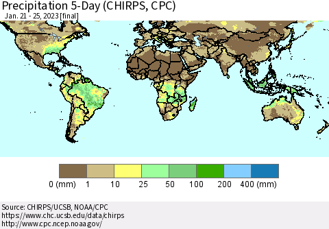 World Precipitation 5-Day (CHIRPS) Thematic Map For 1/21/2023 - 1/25/2023