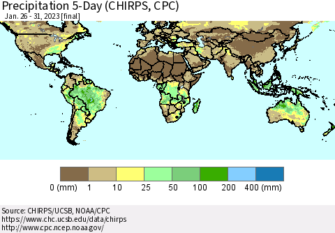 World Precipitation 5-Day (CHIRPS) Thematic Map For 1/26/2023 - 1/31/2023