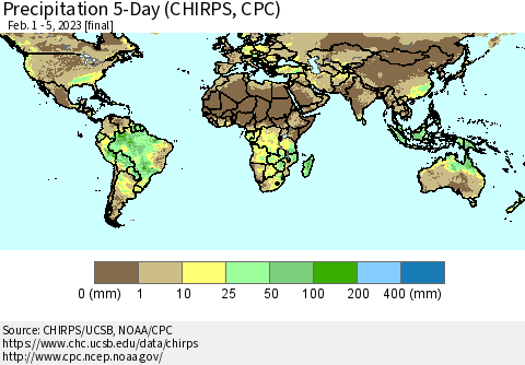World Precipitation 5-Day (CHIRPS) Thematic Map For 2/1/2023 - 2/5/2023