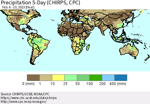 World Precipitation 5-Day (CHIRPS) Thematic Map For 2/6/2023 - 2/10/2023