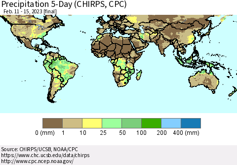 World Precipitation 5-Day (CHIRPS) Thematic Map For 2/11/2023 - 2/15/2023