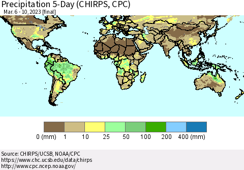 World Precipitation 5-Day (CHIRPS) Thematic Map For 3/6/2023 - 3/10/2023