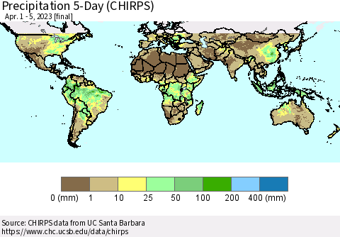 World Precipitation 5-Day (CHIRPS) Thematic Map For 4/1/2023 - 4/5/2023