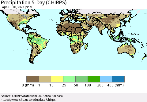 World Precipitation 5-Day (CHIRPS) Thematic Map For 4/6/2023 - 4/10/2023