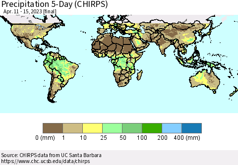 World Precipitation 5-Day (CHIRPS) Thematic Map For 4/11/2023 - 4/15/2023