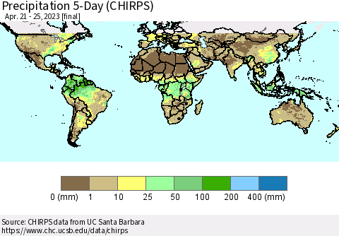 World Precipitation 5-Day (CHIRPS) Thematic Map For 4/21/2023 - 4/25/2023