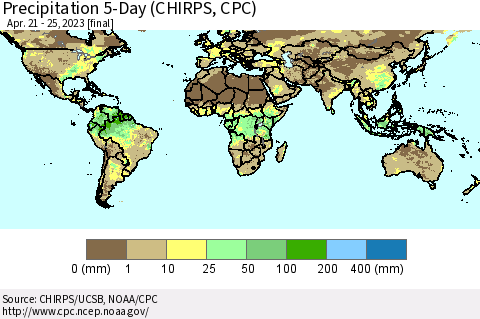 World Precipitation 5-Day (CHIRPS) Thematic Map For 4/21/2023 - 4/25/2023