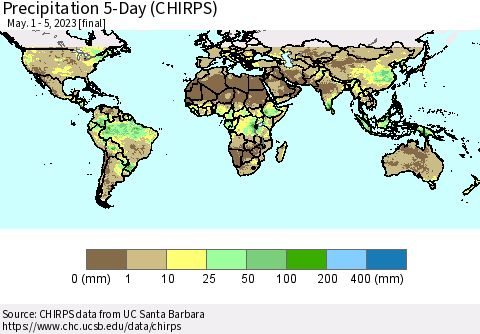 World Precipitation 5-Day (CHIRPS) Thematic Map For 5/1/2023 - 5/5/2023