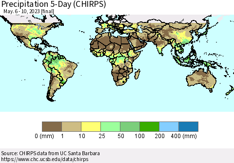 World Precipitation 5-Day (CHIRPS) Thematic Map For 5/6/2023 - 5/10/2023