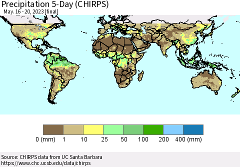 World Precipitation 5-Day (CHIRPS) Thematic Map For 5/16/2023 - 5/20/2023
