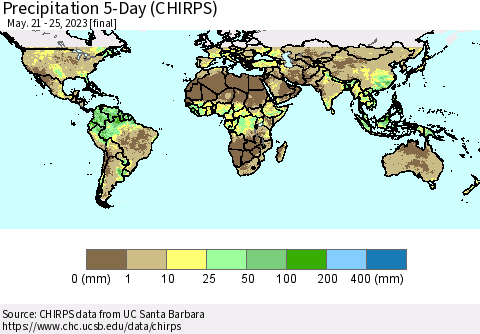 World Precipitation 5-Day (CHIRPS) Thematic Map For 5/21/2023 - 5/25/2023