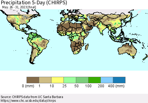 World Precipitation 5-Day (CHIRPS) Thematic Map For 5/26/2023 - 5/31/2023