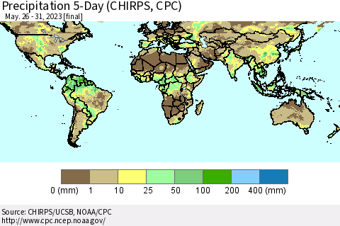 World Precipitation 5-Day (CHIRPS) Thematic Map For 5/26/2023 - 5/31/2023