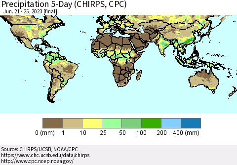 World Precipitation 5-Day (CHIRPS) Thematic Map For 6/21/2023 - 6/25/2023
