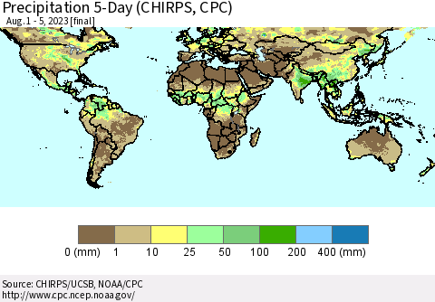 World Precipitation 5-Day (CHIRPS) Thematic Map For 8/1/2023 - 8/5/2023