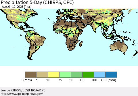 World Precipitation 5-Day (CHIRPS) Thematic Map For 8/6/2023 - 8/10/2023