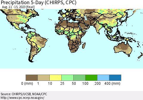 World Precipitation 5-Day (CHIRPS) Thematic Map For 8/11/2023 - 8/15/2023