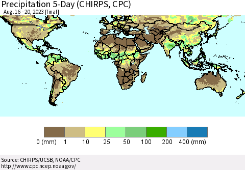 World Precipitation 5-Day (CHIRPS) Thematic Map For 8/16/2023 - 8/20/2023