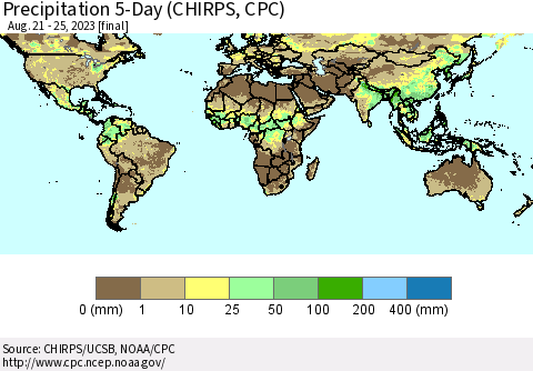 World Precipitation 5-Day (CHIRPS) Thematic Map For 8/21/2023 - 8/25/2023