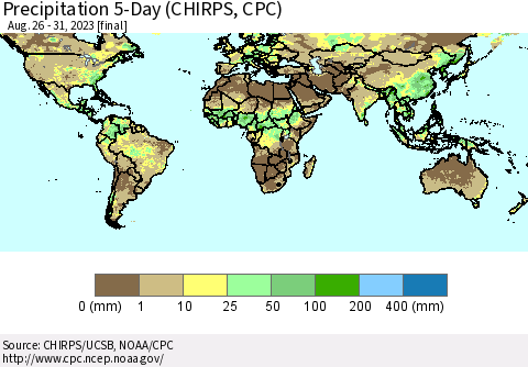 World Precipitation 5-Day (CHIRPS) Thematic Map For 8/26/2023 - 8/31/2023
