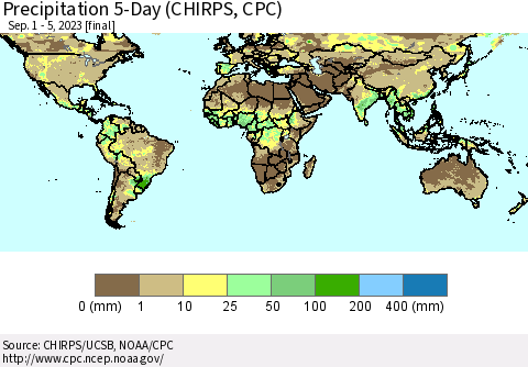 World Precipitation 5-Day (CHIRPS) Thematic Map For 9/1/2023 - 9/5/2023