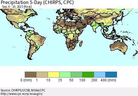 World Precipitation 5-Day (CHIRPS) Thematic Map For 9/6/2023 - 9/10/2023