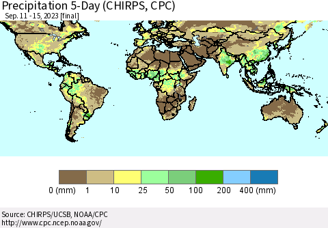 World Precipitation 5-Day (CHIRPS) Thematic Map For 9/11/2023 - 9/15/2023