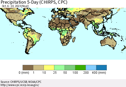 World Precipitation 5-Day (CHIRPS) Thematic Map For 10/6/2023 - 10/10/2023