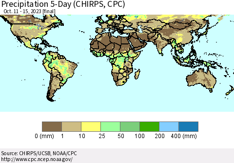 World Precipitation 5-Day (CHIRPS) Thematic Map For 10/11/2023 - 10/15/2023