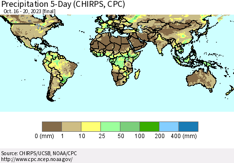 World Precipitation 5-Day (CHIRPS) Thematic Map For 10/16/2023 - 10/20/2023