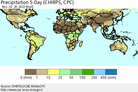 World Precipitation 5-Day (CHIRPS) Thematic Map For 11/16/2023 - 11/20/2023