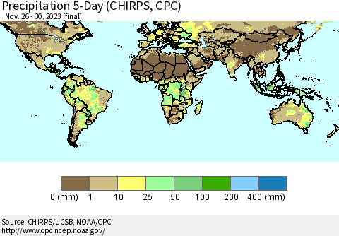 World Precipitation 5-Day (CHIRPS) Thematic Map For 11/26/2023 - 11/30/2023